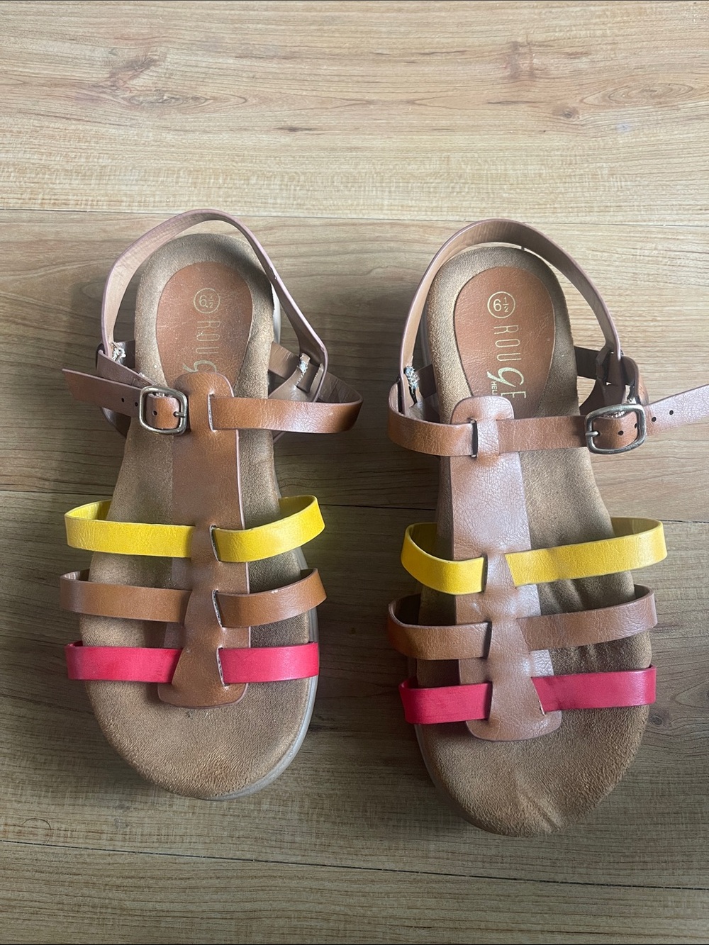 Rouge! Brown Sandals with Yellow and Pink Straps